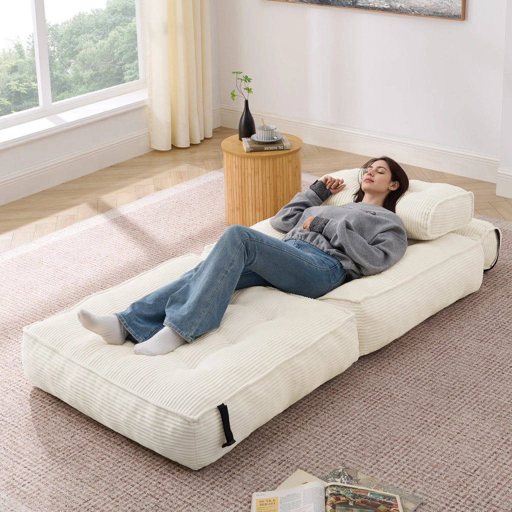Pouf, divano letto pieghevole, velluto a coste, schienale regolabile, pronto all'uso, beige