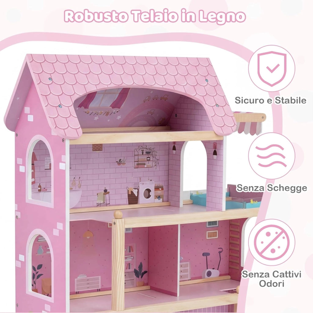 Casa delle Bambole in Legno, Casa Bambole con 4 Piani, 6 Stanze, Terrazza, Piscina e Scale, Casetta Giocattolo Educativo con 33 Mobili Accessori, per Bambini 3+ Anni, 63 x 25 x 78 cm (Rose)