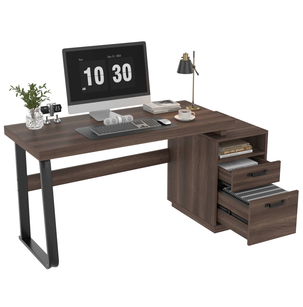 Scrivania 135x54 cm con vano aperto e cassetto silenzioso in MDF e metallo marrone