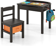 Set Tavolo e Sedia per Bambini, Scrivania Ribaltabile con Sedia per Bambini in Legno, con Cassetto e Gancio Estraibile, Bianco/Naturale (Nero)