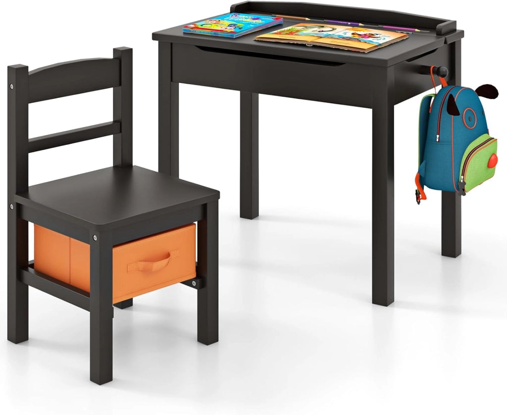 Set Tavolo e Sedia per Bambini, Scrivania Ribaltabile con Sedia per Bambini in Legno, con Cassetto e Gancio Estraibile, Bianco/Naturale (Nero)