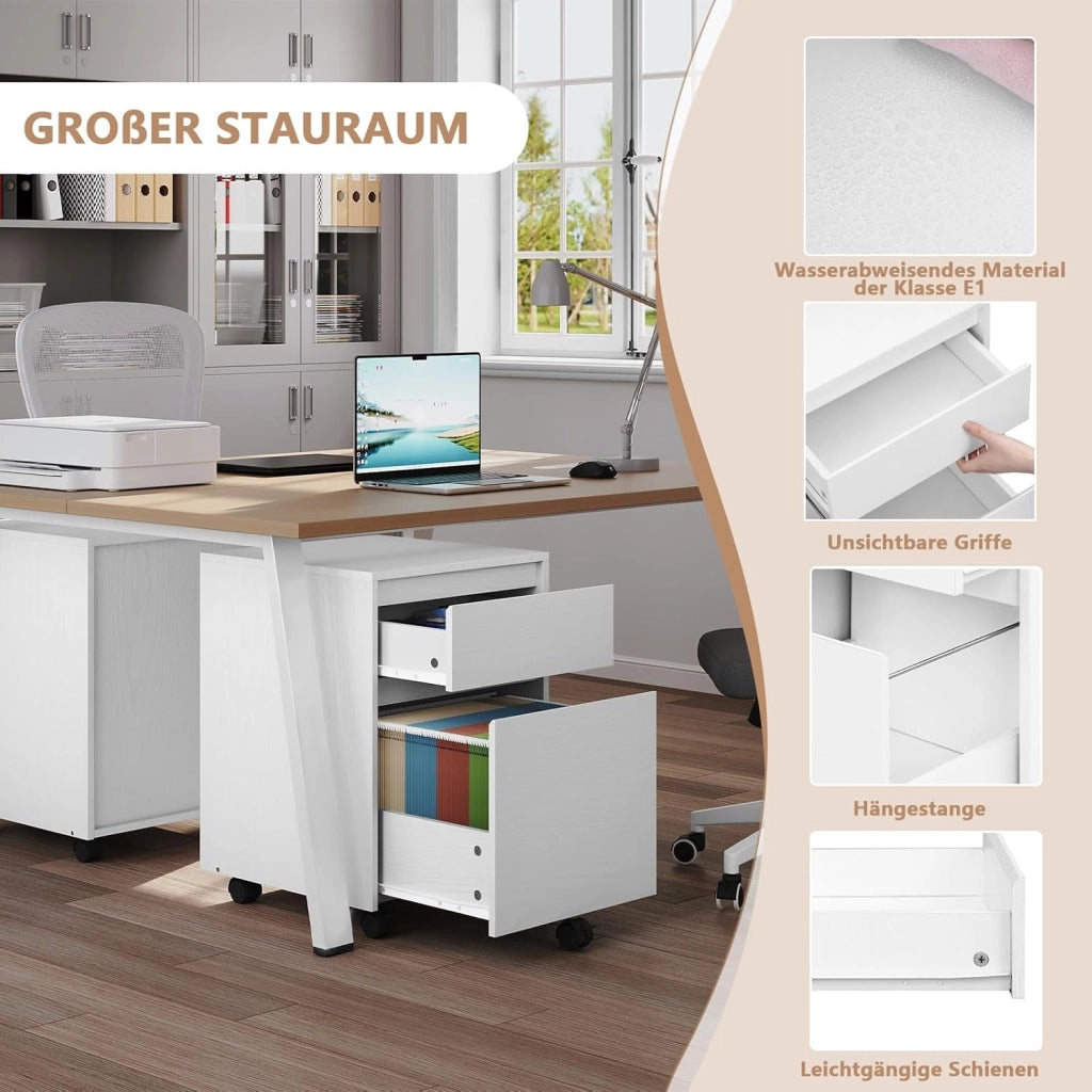 Cassettiera Scrivania con 2 Cassetti, Schedario con Rotelle, Schedario da Ufficio A4, in Legno PB, Bianco, 40x40x56cm, ASK11ws