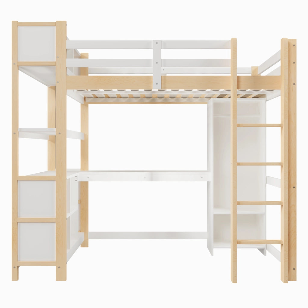 Letto a Soppalco con Scrivania e Armadio ¨C MINIMAL ¨C 140x200 cm, Legno Naturale