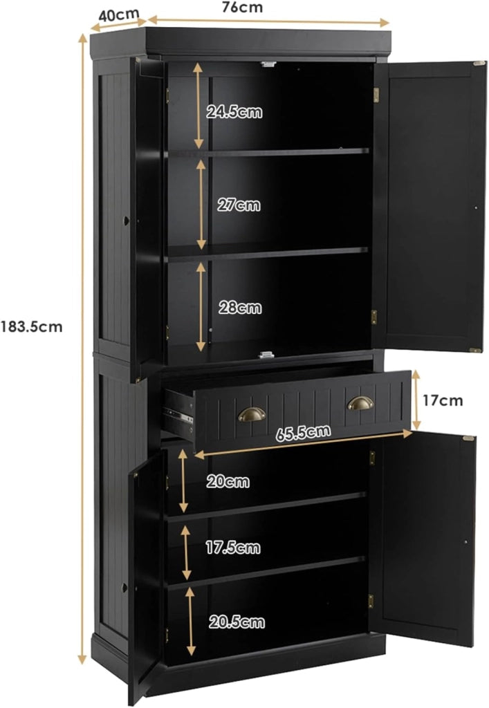 Credenza Alta da Cucina 183,5 cm, Armadio Alto a Buffet in Legno, Mobile Cucina Dispensa con Ripiani Regolabili e Cassetto, per Soggiorno, Sala da Pranzo, 76 x 40 x 183 cm (Nero)
