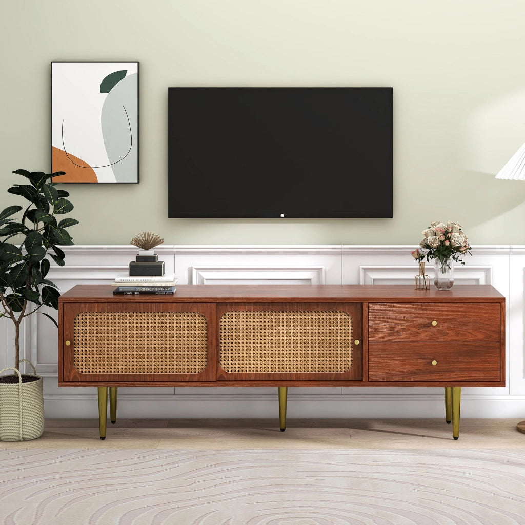 Mobile porta TV con ante scorrevoli in rattan, 2 cassetti, 4 vani e ripiani regolabili, MDF noce 160 × 40 × 60 cm