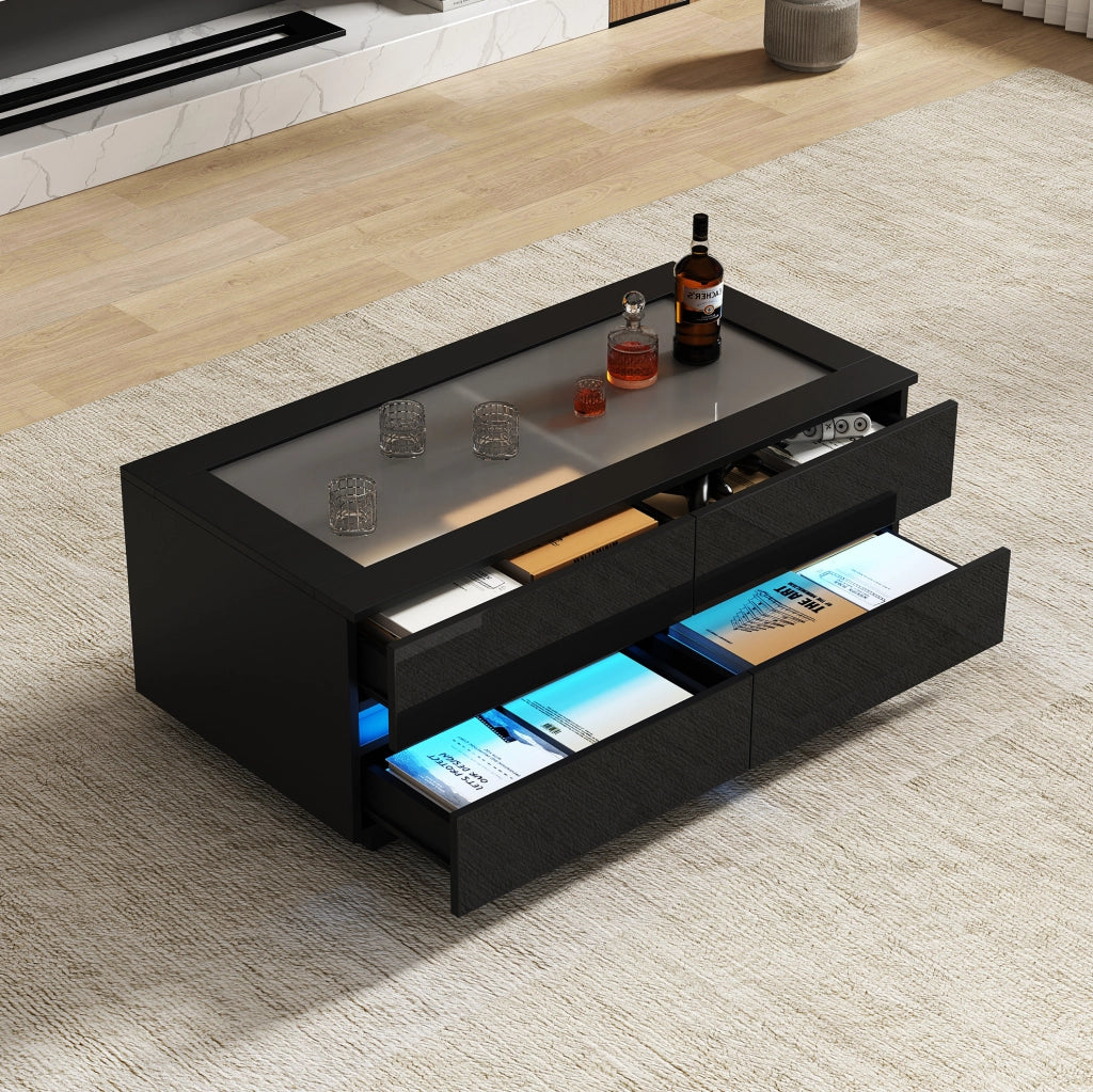 Tavolino da caffè nero con 4 cassetti, piano in vetro temperato e LED