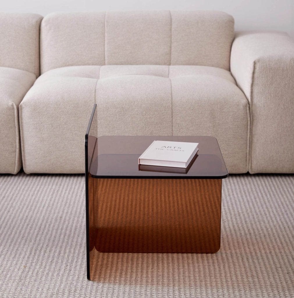 Tavolino laterale in vetro temperato marrone curvato 45x45x51 cm trasparente