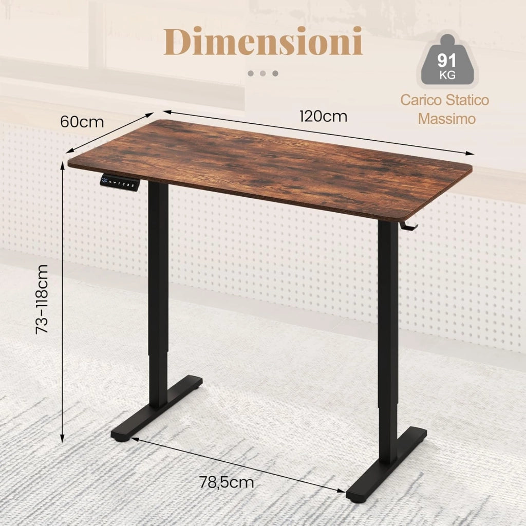 Scrivania Elettrica Ergonomica 120 x 60 cm, 3 Memorie di Altezza, Protezione Anti-Collisione e Gancio per Cuffie, Scrivania Regolabile in Altezza per Ufficio e Casa (Marrone)