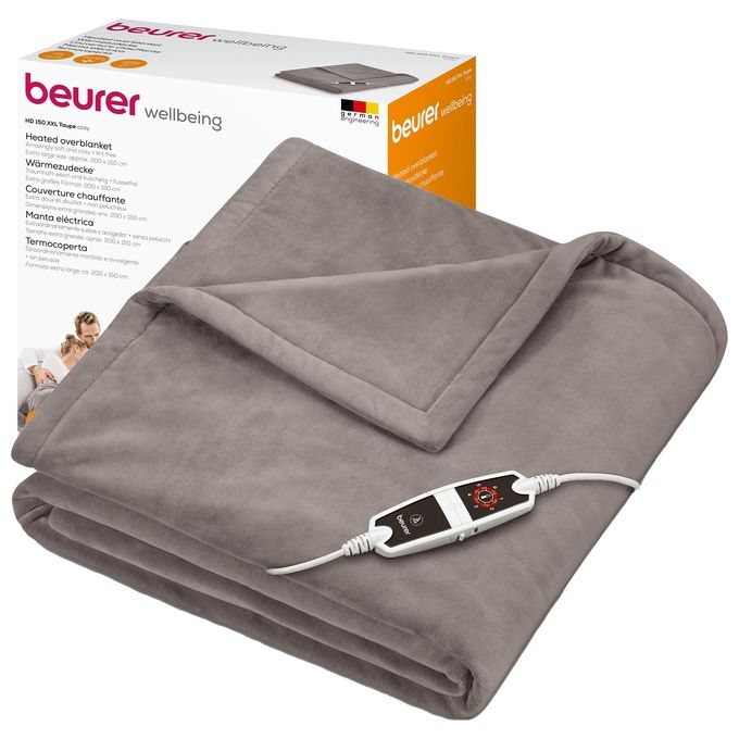 Beurer Coperta elettrica HD 150 XXL, termocoperta elettrica con spegnimento automatico, 200 x 150 cm, 6 impostazioni di temperatura, lavabile in lavatrice, morbida coperta, tortora