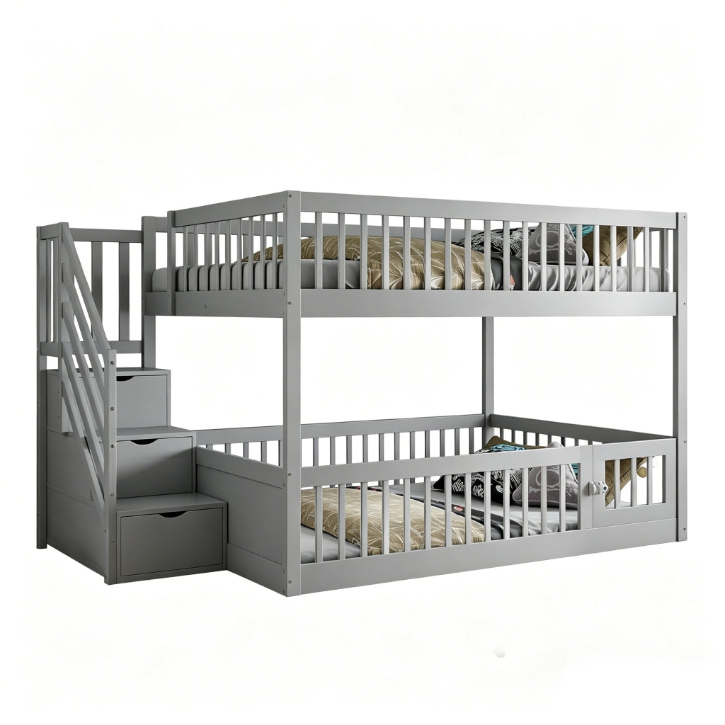 Letto a castello per bambini con scala e cassetti, 140x200 cm, grigio