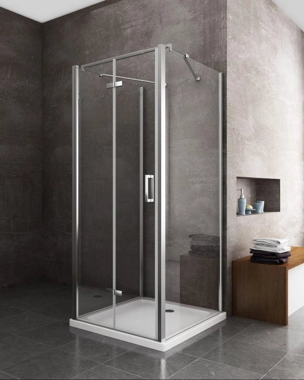 Box cabina doccia a 3 lati con apertura a libro pieghevole a pacchetto H.190 cromo trasparente anticalcare misure  72,5-75 fisse + Porta 63,8-65,8