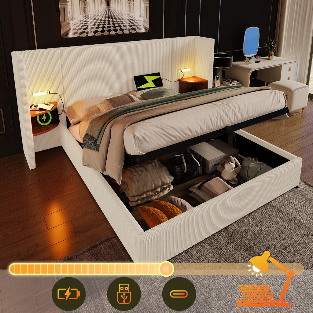 LETTO CONTENITORE 180x200 cm in corduroy beige-bianco con testiera multifunzione