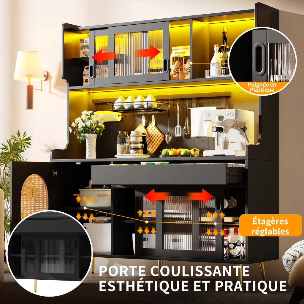 Credenza da Cucina con 5 Ante; LED e Pannello Forato; per Cucina in MDF; 145 x 39 x 171 cm; Nero