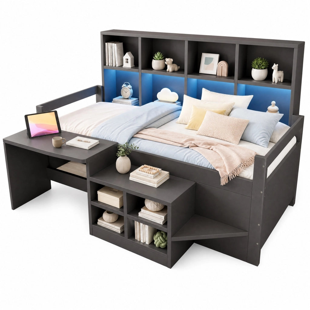 Letto singolo multifunzione 90x200 cm con scrivania; vani contenitore e LED; grigio