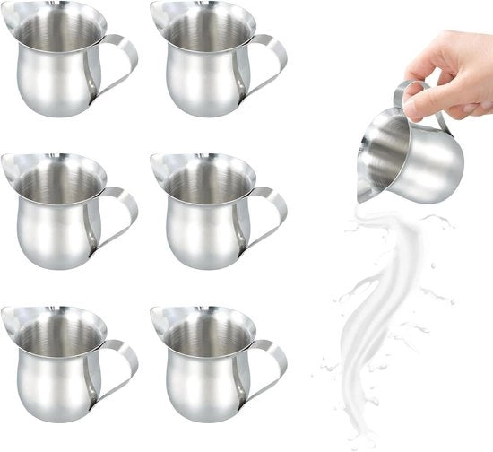 Set di 6 mini caraffe in acciaio inossidabile - 90 ml - Caraffe per schiuma di latte per caffè e tè - Caraffe per stanza con bocca ampia