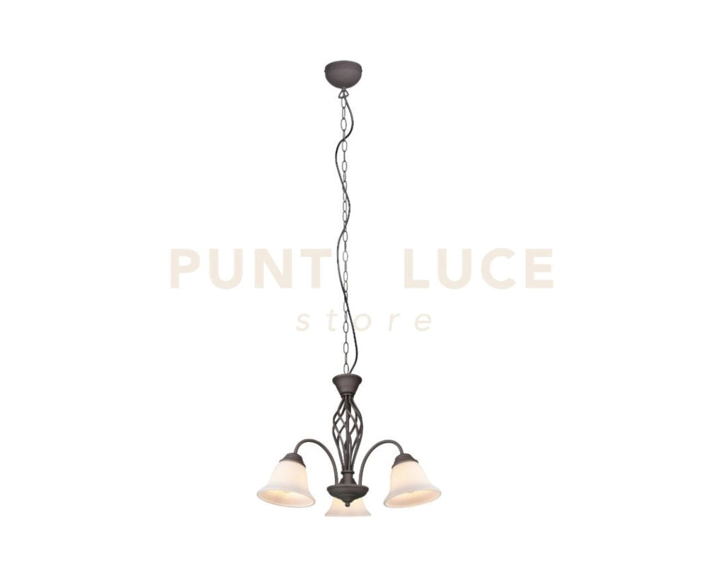 RUSTICA LAMPADARIO METALLO RUGGINE CON 3 DIFFUSORI VETRO BIANCO D. 50CM ATTACCO E14