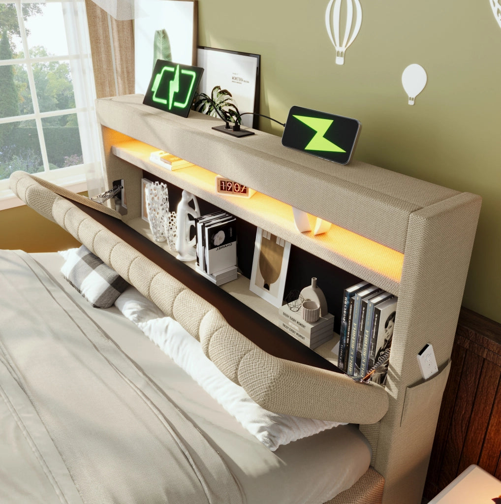 Letto matrimoniale 140x200 cm in lino beige con LED; ricarica USB e Type-C; contenitore idraulico