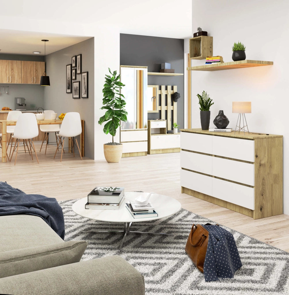 Cassettiera AKORD K120 Quercia Artisan 120 cm 6 cassetti inserto frontale Bianco 120x40x77 cm