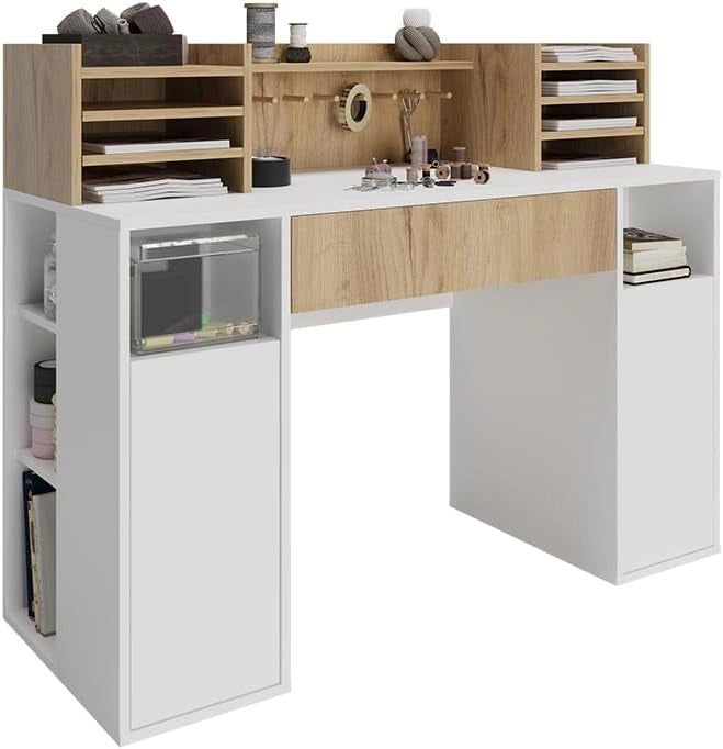 Scrivania con ripiani, Bianco/Sonoma, 126.8 x 50 cm XL con ripiani, adatto come postazione di lavoro con passacavi e superficie d’appoggio
