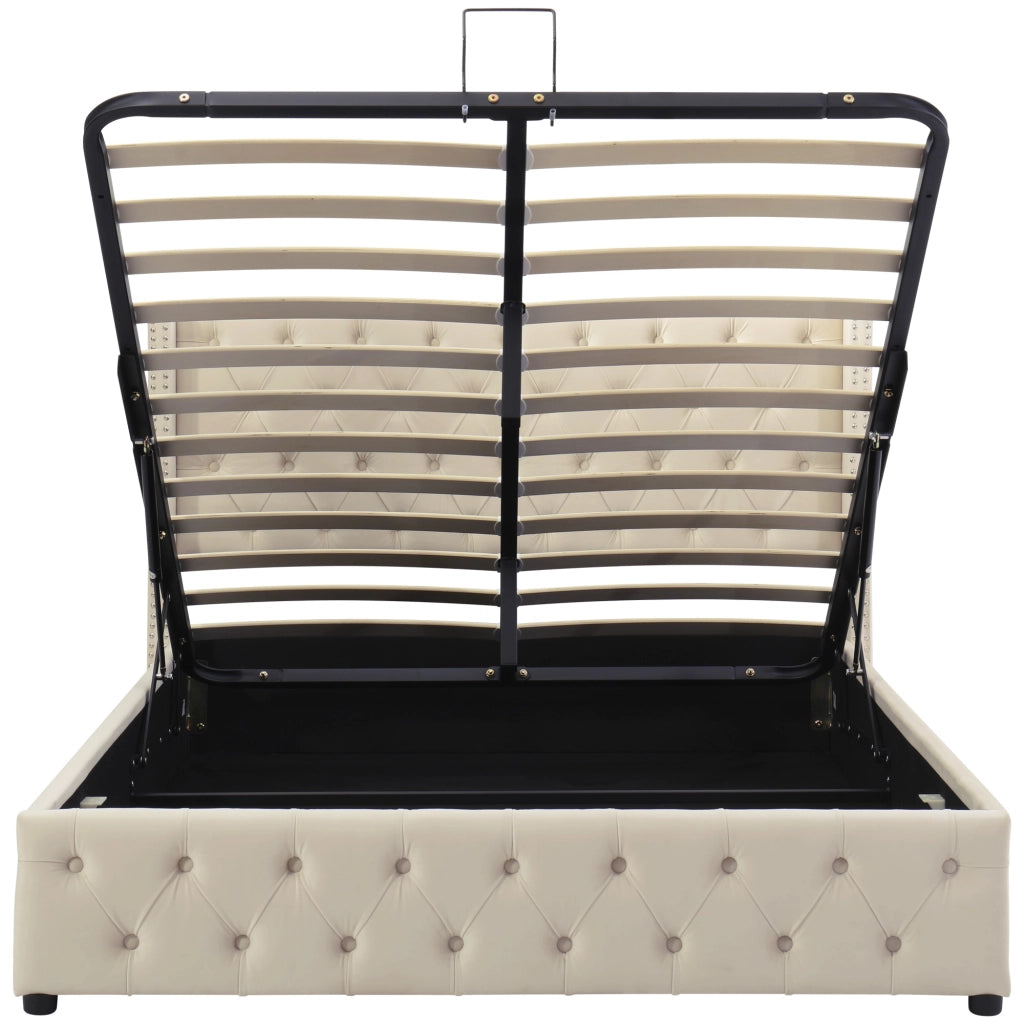 Letti contenitori 140x200 cm; contenitore idraulico; velluto; beige (Senza materasso)