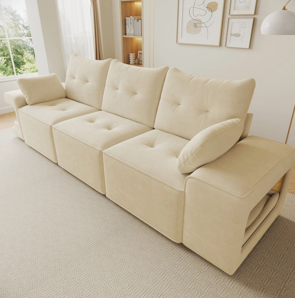 Divano modulare a 3 posti in velluto beige con contenitore; 229;5 cm; con 2 cuscini