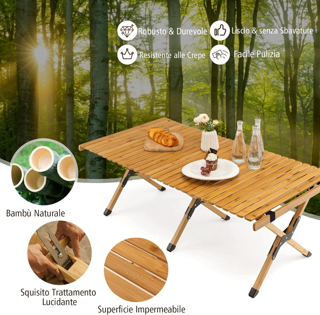 Tavolo da Campeggio Pieghevole di Bambù, Tavolo da Picnic Leggero con Borsa di Trasporto, Tavolo da Esterno per Campeggio, Trekking, Pesca e Barbecue, 122 x 60 x 43,5 cm (Naturale)