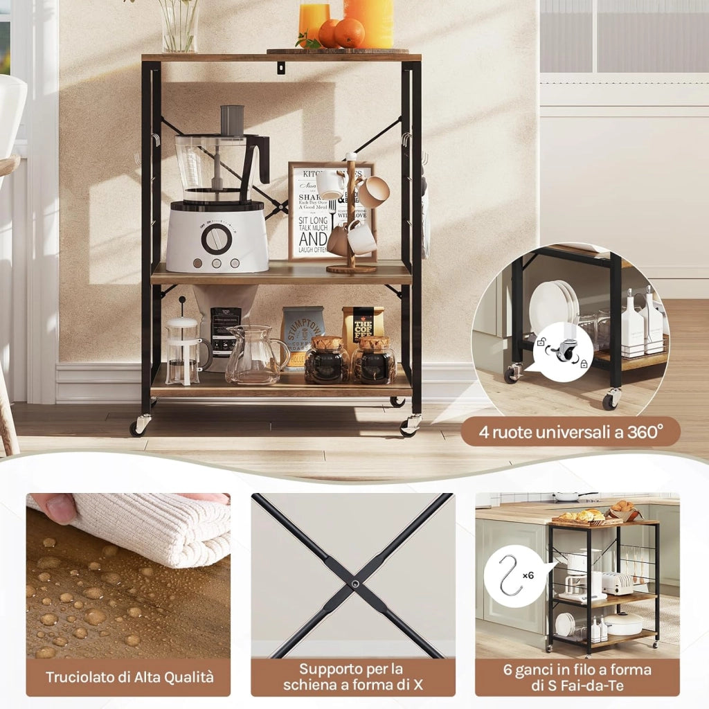 Scaffale da Cucina con Ruote, Carrello Cucina a 3 Livelli, Scaffale per Microonde con 4 Ganci, Carrello da Bar con Struttura in Metallo, Marrone Rustico+Nero, 60x40x82,5 cm