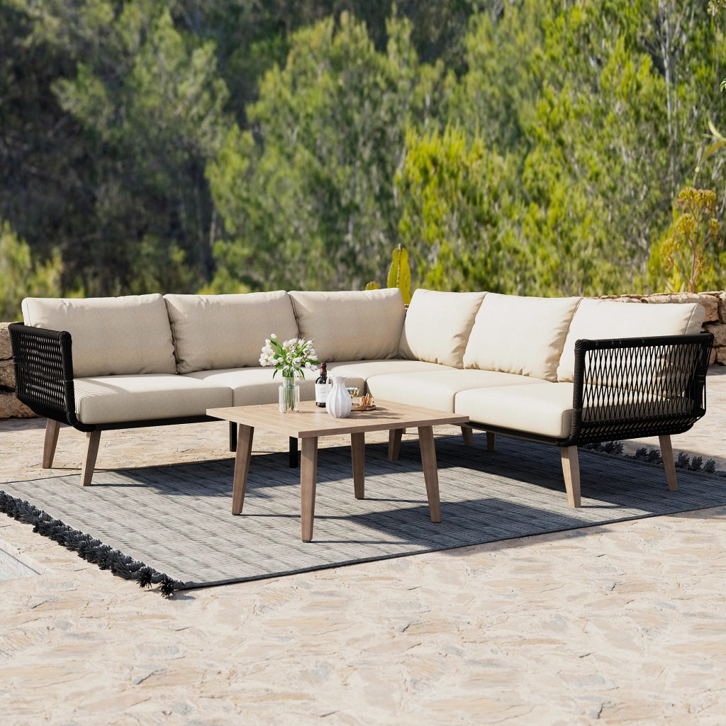 Set Divano da Giardino con Tavolo ¨C MINIMAL ¨C Tessuto Olefin, Beige e Nero
