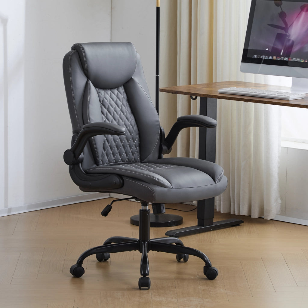 Sedia da ufficio ergonomica con supporto lombare braccioli ribaltabili e altezza regolabile in pelle grigio
