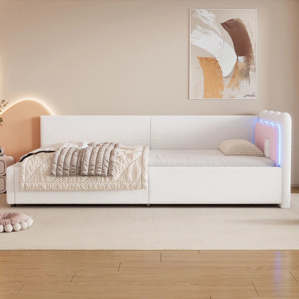 OKWISH Letto a Daybed 90×200 cm, Letto Singolo con LED Regolabile, Testiera Colour-Blocking, senza Materasso, in Velluto, Bianco
