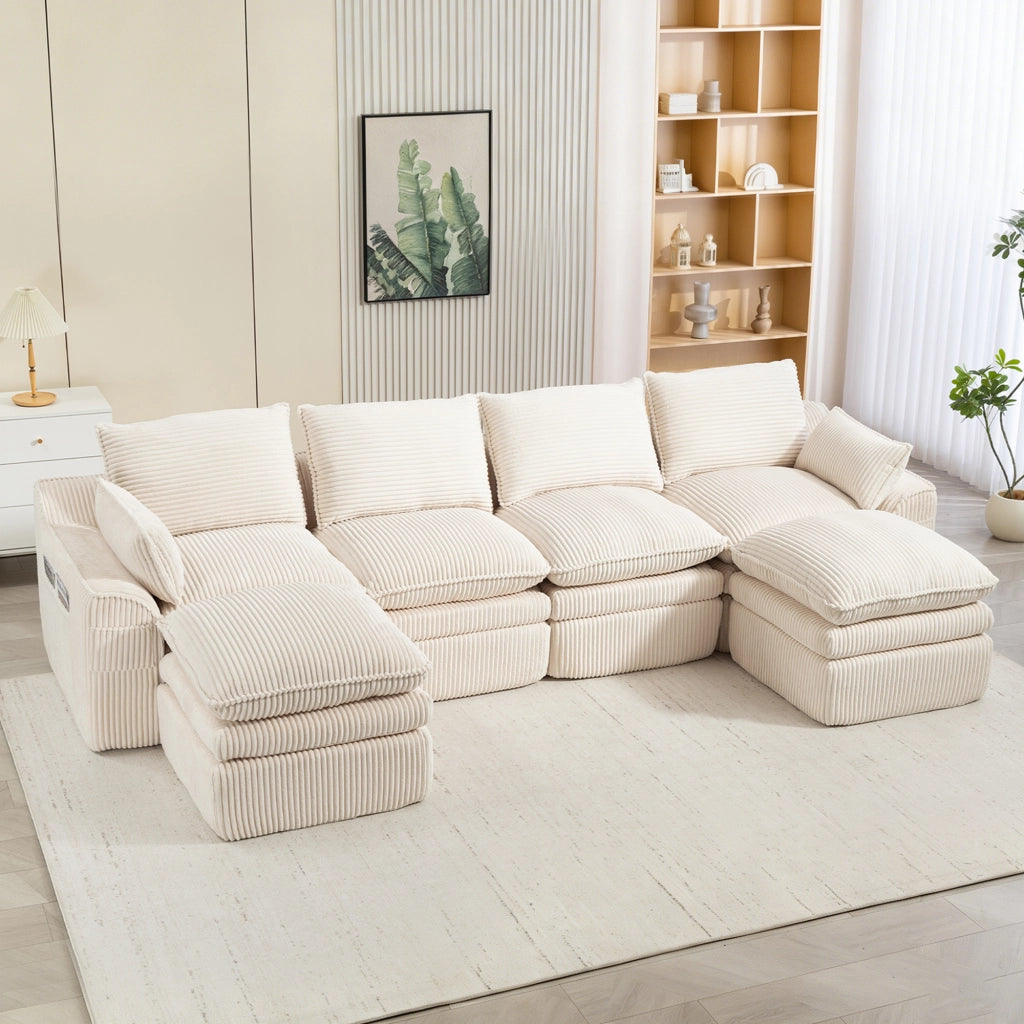 DIVANO MODULARE 4 POSTI 335x167x85 cm Corduroy Beige con 2 Pouf