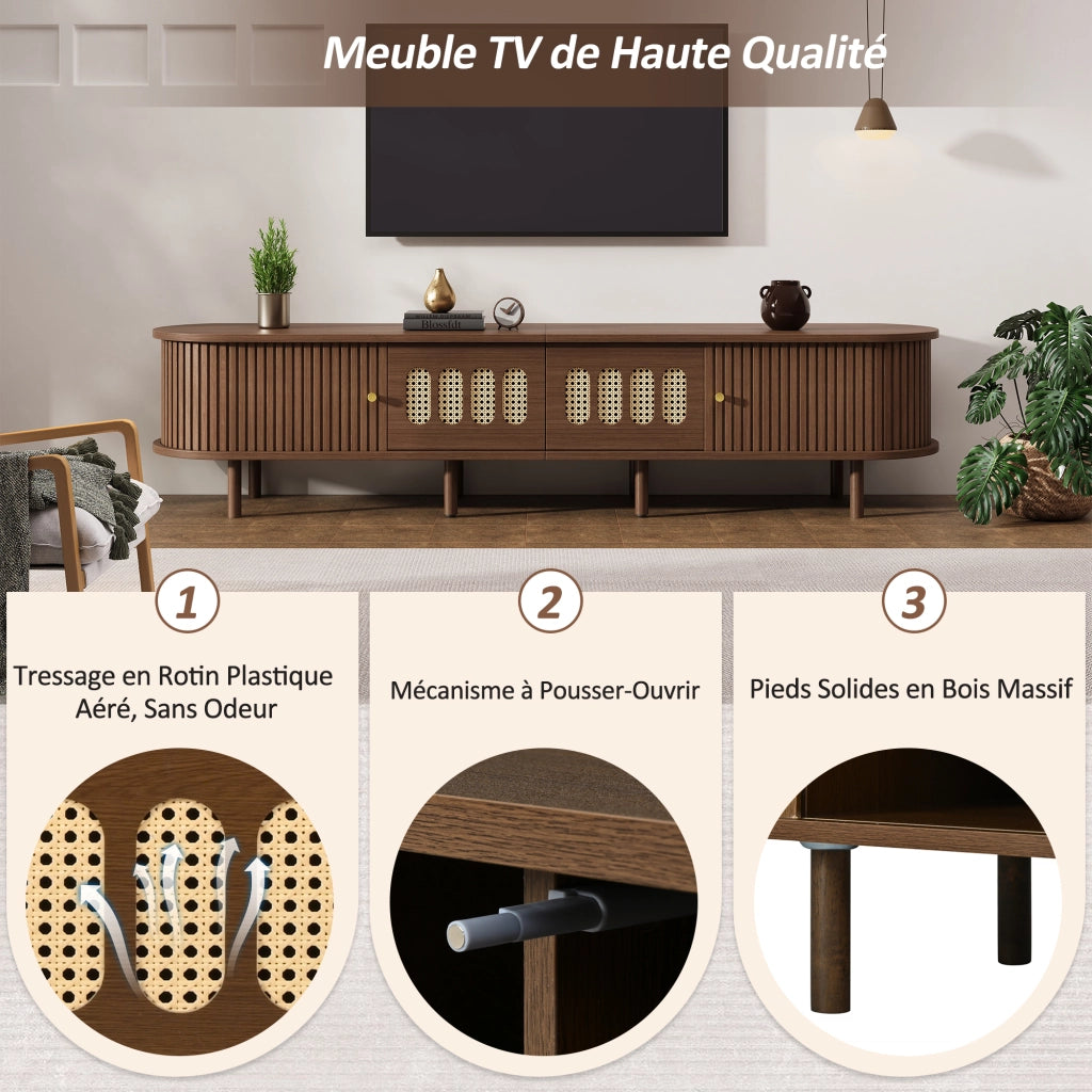 Mobile porta TV con 2 cassetti e 2 ante avvolgibili, fronti in rattan, per soggiorno, in MDF, noce, 180 × 40 × 40 cm