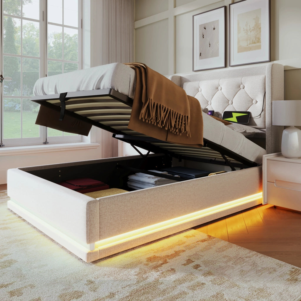 Letto singolo con contenitore 90x200 cm in cotone; LED e USB-C; beige