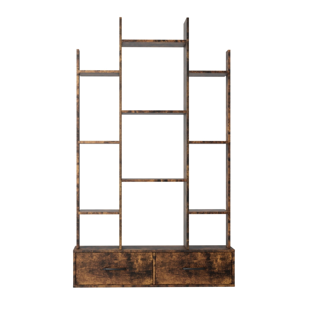 Libreria ULEVR ad albero 86x25x141 cm con 12 ripiani aperti e 2 cassetti, marrone rustico