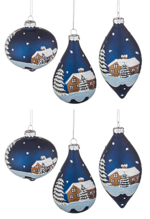 Pendagli Albero di Natale Palle in Vetro Blu Villaggio Innevato Addobbi Natalizi