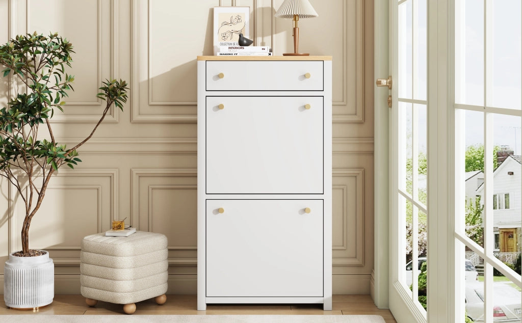 Scarpiera slim a ribalta con cassetto, 2 ante e ripiani regolabili, MDF bianco effetto legno, 50 x 25 x 95 cm