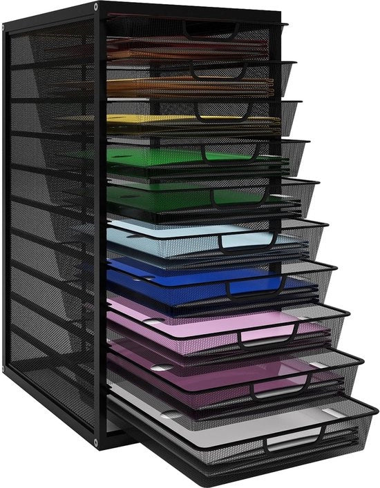 Cassettiere per ufficio con cassetti per documenti e cartelle da 10 livelli, A4, con cassetti per la gestione dei documenti e contenitori per la classificazione dei materiali, organizzatore per ufficio in metallo, per documenti e carta, nero