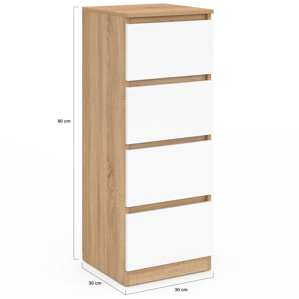 IDMarket - Mobile laterale a 4 cassetti TOMI 30 cm in faggio e chiffoniera bianca per ingresso bagno