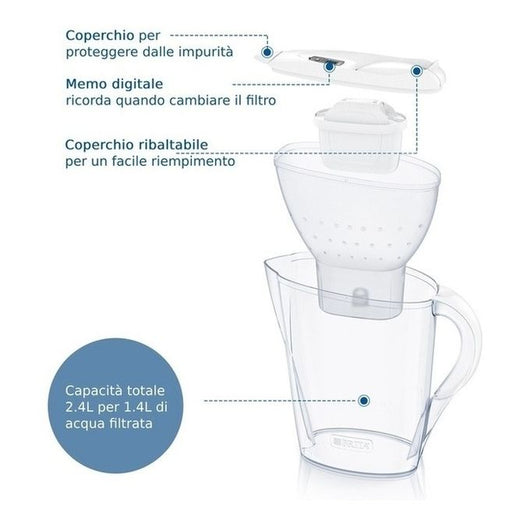 Brita Caraffa filtrante Marella bianca (2.4L) incl. 1 x filtro MAXTRA PRO All-in-1 - adatta alla porta del frigorifero con Memo digitale e coperchio ribaltabile