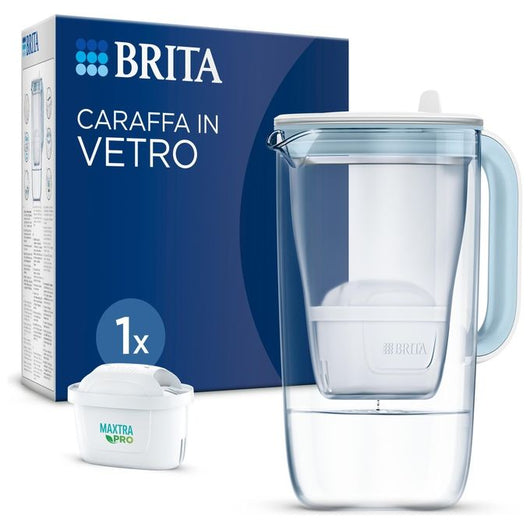 Brita Caraffa in vetro Light Blue (2.5L) incl. 1x filtro MAXTRA PRO All-in-1 - Caraffa di design premium, coperchio ribaltabile per riempimento facile & indicatore, riduce cloro, calcare e impurità