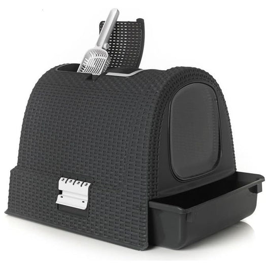 Curver Keter Lettiera per Gatti Petlife con coperchio, lettiera con paletta, moderno effetto rattan intrecciato, antracite, 51,5 x 38,5 x 40 cm