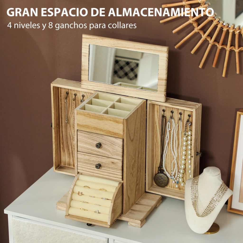 Organizzatore Gioielli in Legno 4 Livelli con 2 Cassetti e Specchio ¨C Zephmum ¨C Naturale 50x30x40