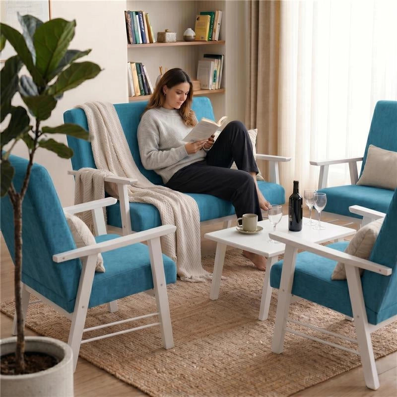 SET SALOTTO DA GIARDINO CON DIVANO, 2 POLTRONE + TAVOLINO IN LEGNO BIANCO E TESSUTO COLORE PETROLIO