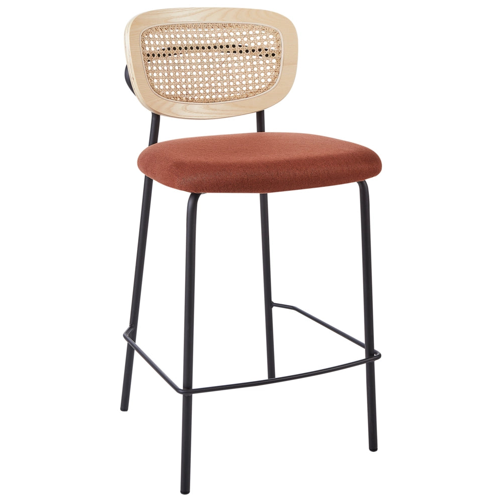 Set di 2 sedie da bar Arancione Rivestimento in poliestere nero Schienale in rattan naturale a treccia viennese Gambe in metallo nero Sgabelli senza braccioli