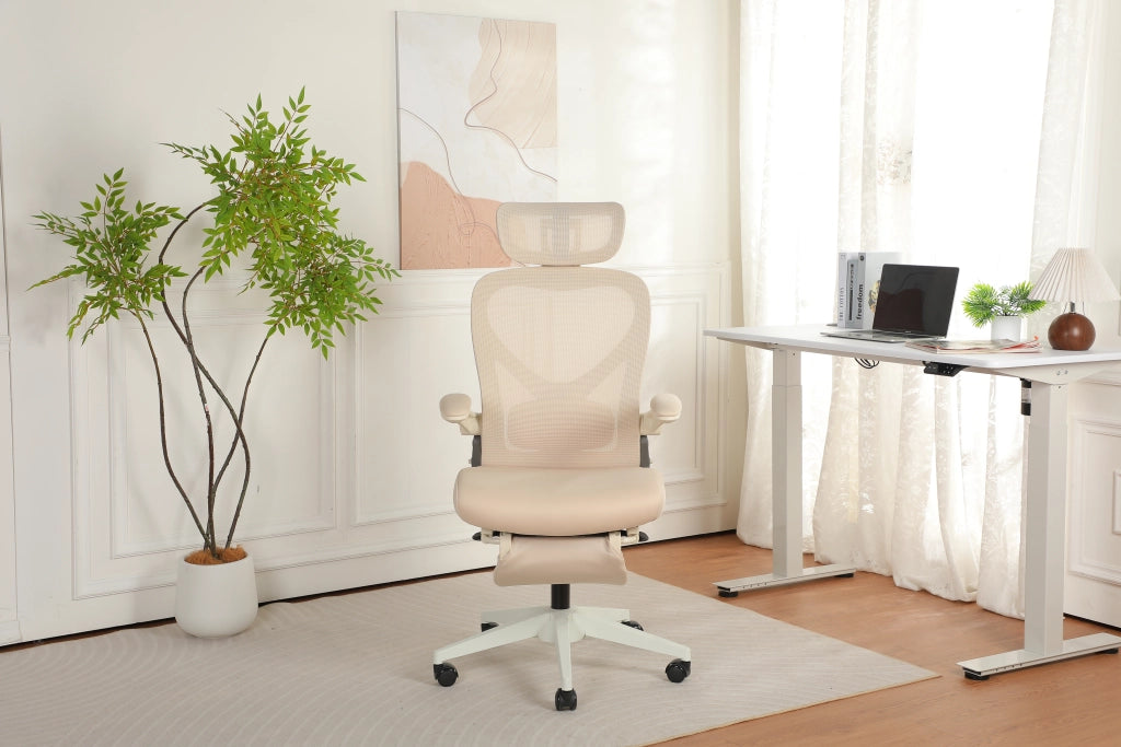 Sedia da ufficio ergonomica pieghevole salvaspazio con poggiatesta 3D, supporto lombare e schienale crema 65 × 61 × 40.5 cm