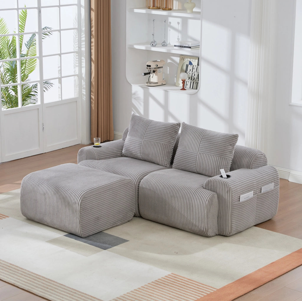 Divano modulare a 2 posti in corduroy grigio chiaro; 200x174x80 cm; con portabicchiere e tasca laterale