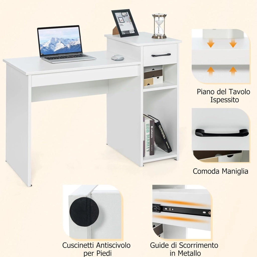 Scrivania con Cassetto, Scrivania da Computer, Tavolo da ufficio, 104 x 50 x 82cm (Bianco)