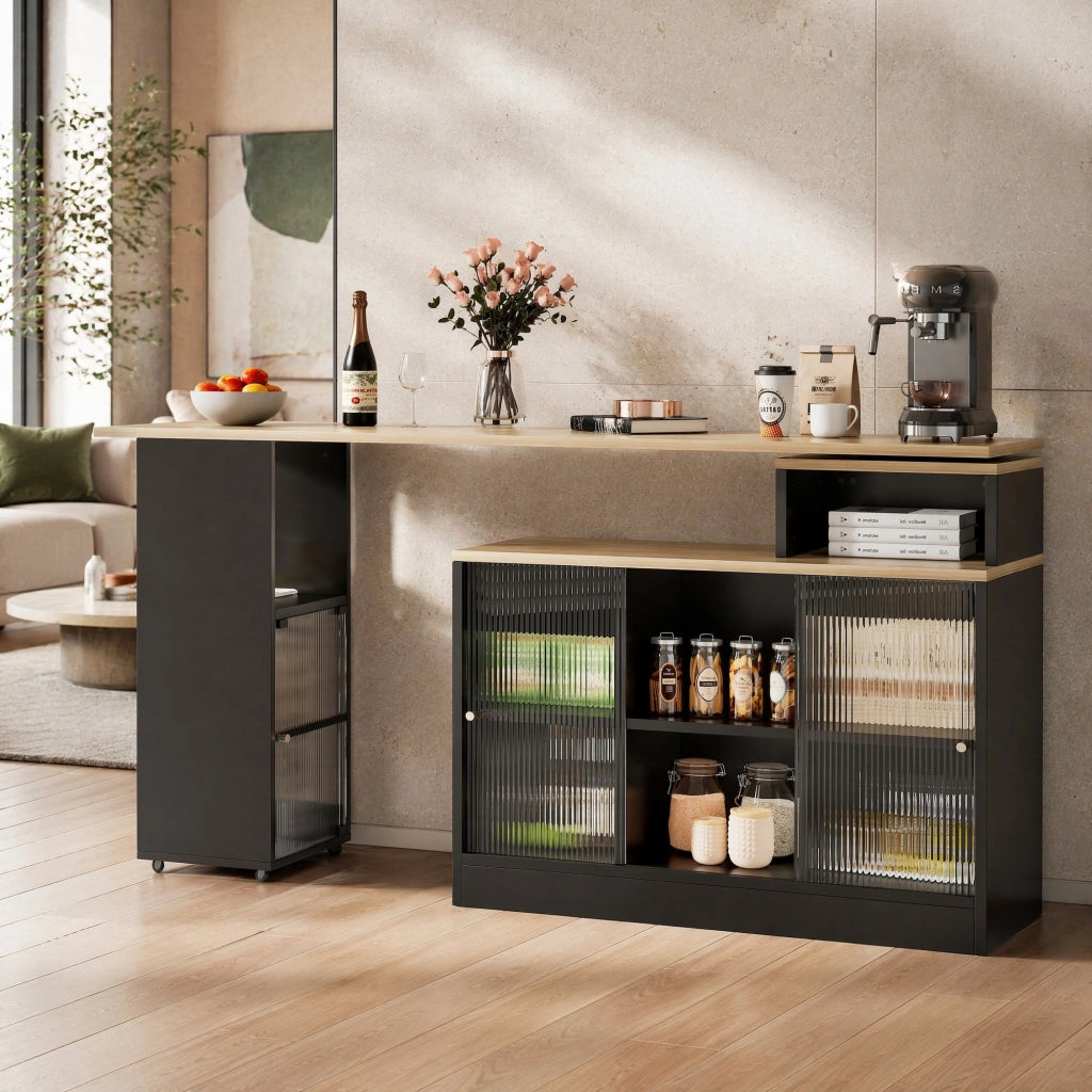 Tavolo bar allungabile nero con contenitore, mobile a 360° in MDF e vetro, salvaspazio