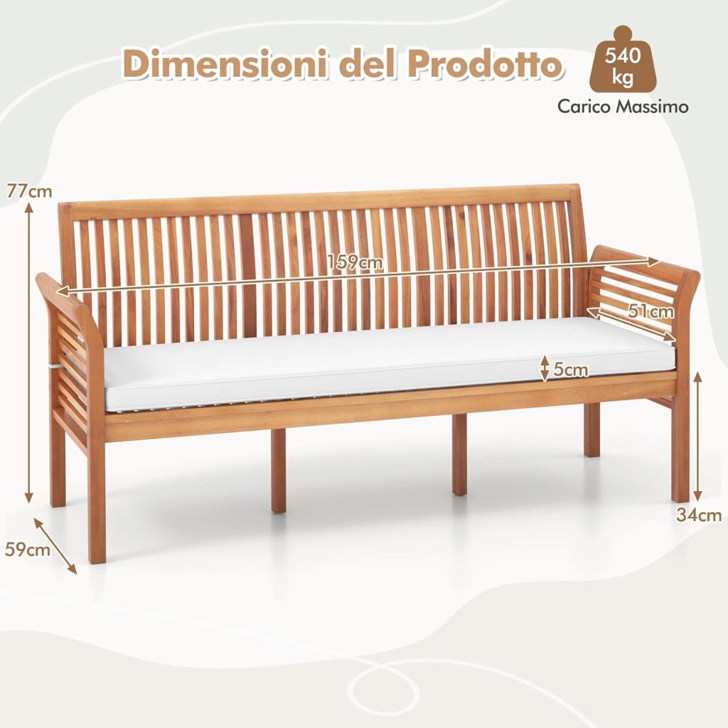 Panchina da Esterno in Legno di Acacia a 3 Posti, Panchina con Morbidi Cuscini, Schienale Ergonomico e Braccioli, Panchina per Balcone, Portico e Giardino, Portata 540 kg