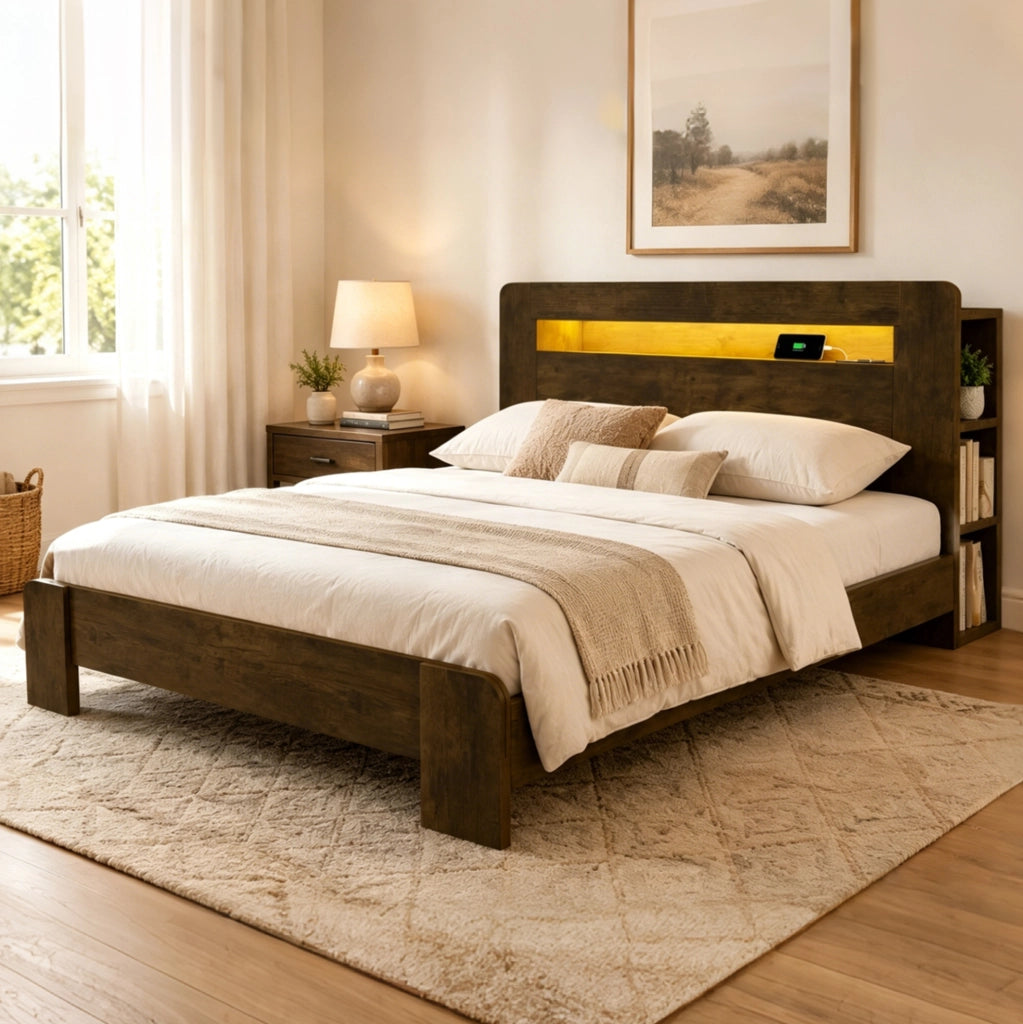 Letto matrimoniale 140x200 cm con contenitore, LED e prese integrate